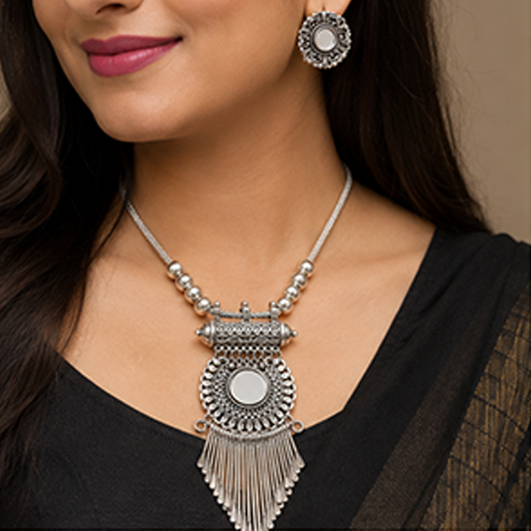 1 Set Combo: Oxidized Mirror Necklace with Earrings