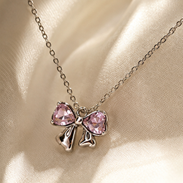 2 Set Combo: Pink Crystal Bow Silver Necklace