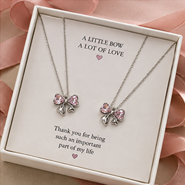 2 Set Combo: Pink Crystal Bow Silver Necklace