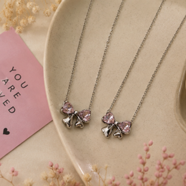 2 Set Combo: Pink Crystal Bow Silver Necklace