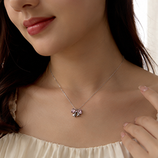 2 Set Combo: Pink Crystal Bow Silver Necklace