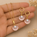 1 Set Combo: Pink Shell Pearl Gold Necklace & Earrings