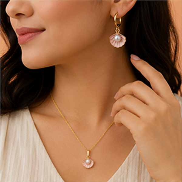 1 Set Combo: Pink Shell Pearl Gold Necklace & Earrings