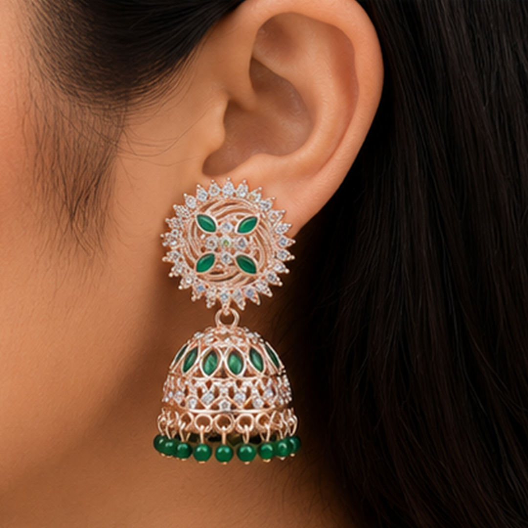 Combo of 2: Vibrant Pink & Royal Green Stone Studded Designer Sunburst Jhumka Earrings
