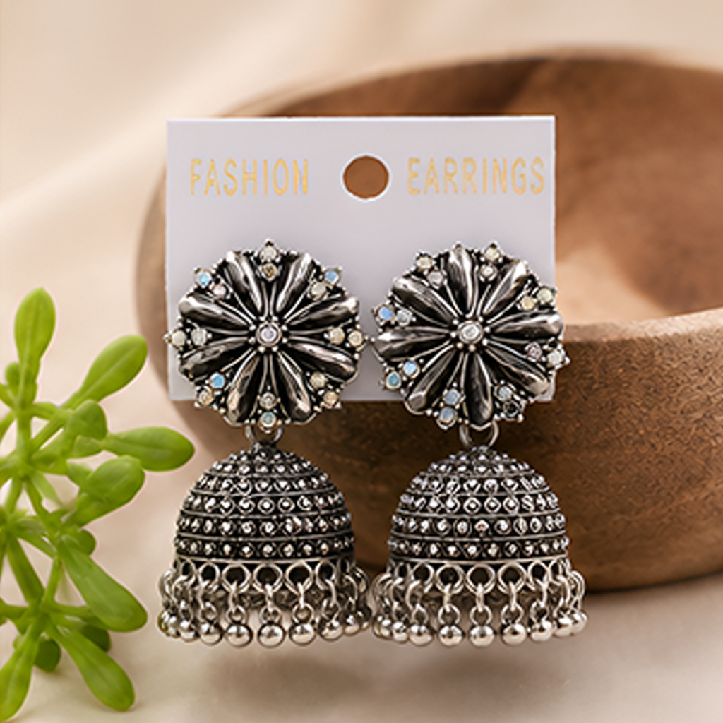 Oxidized Silver-Plated Floral Studded Traditional Jhumka Earrings