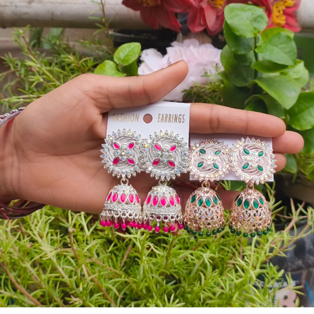Combo of 2: Vibrant Pink & Royal Green Stone Studded Designer Sunburst Jhumka Earrings