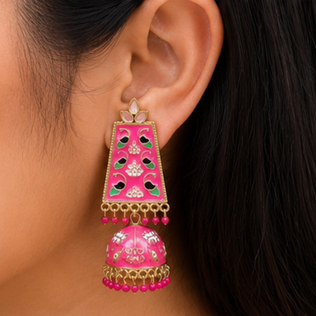 Combo of 2: Vibrant Pink Meenakari & Silver-Plated Pink Stone Studded Designer Jhumka Earrings