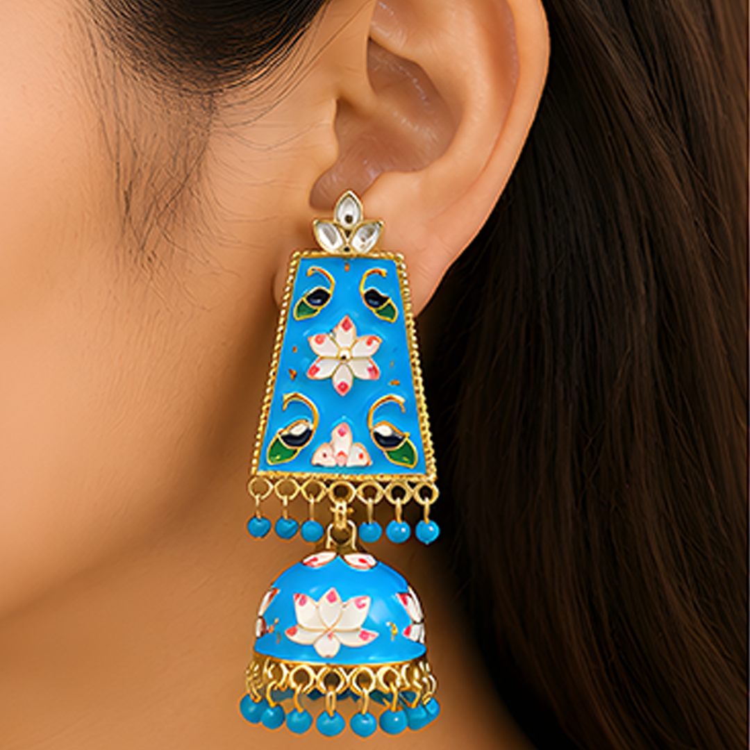 Vibrant Turquoise Blue Meenakari & Floral Enamel Long Jhumka Earrings with Gold-Plated Finish