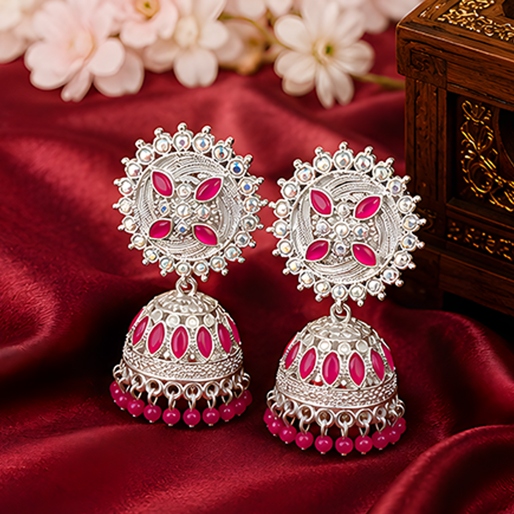 Oxidized Silver-Plated Pink Stone Studded Sunburst Jhumka Earrings with Bead Drops
