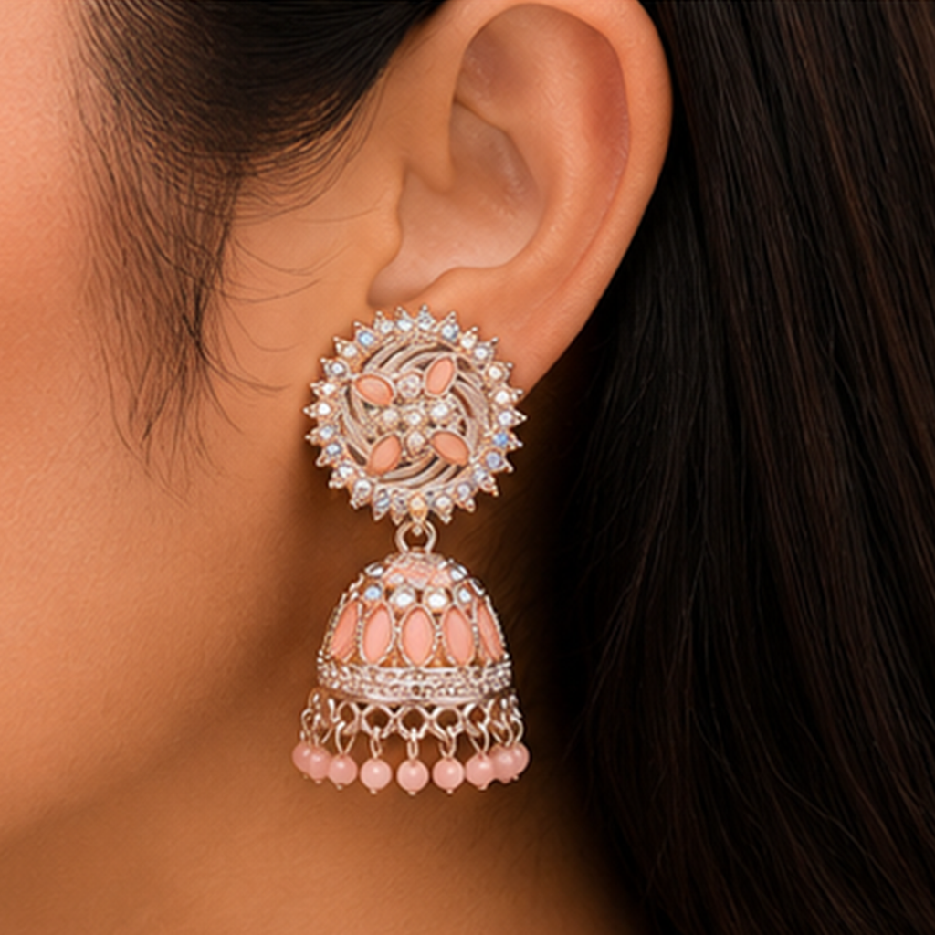 Combo of 2: Pastel Peach & Royal Green Stone Studded Designer Sunburst Jhumka Earrings