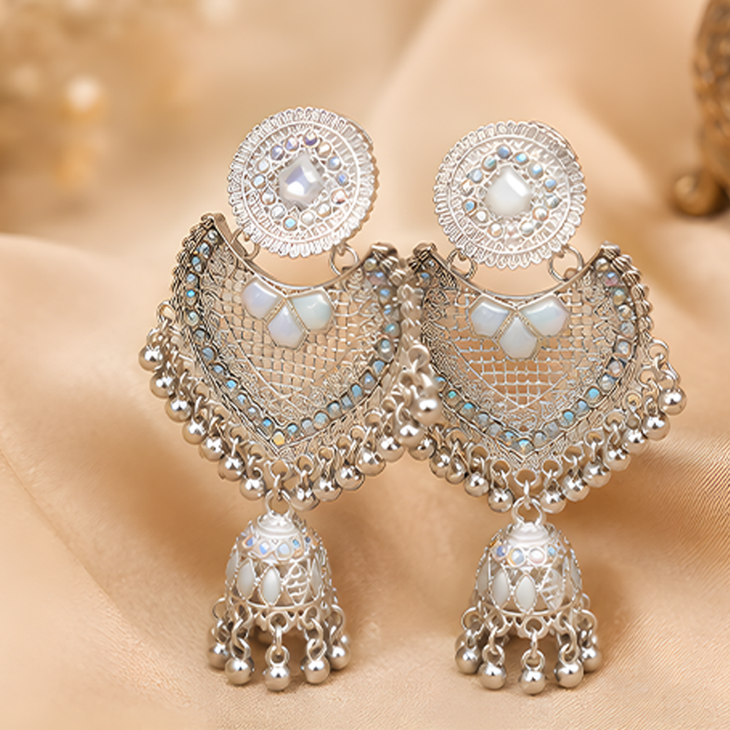 Royal Silver-Plated Meenakari & Stone Studded Chandbali Jhumka Earrings