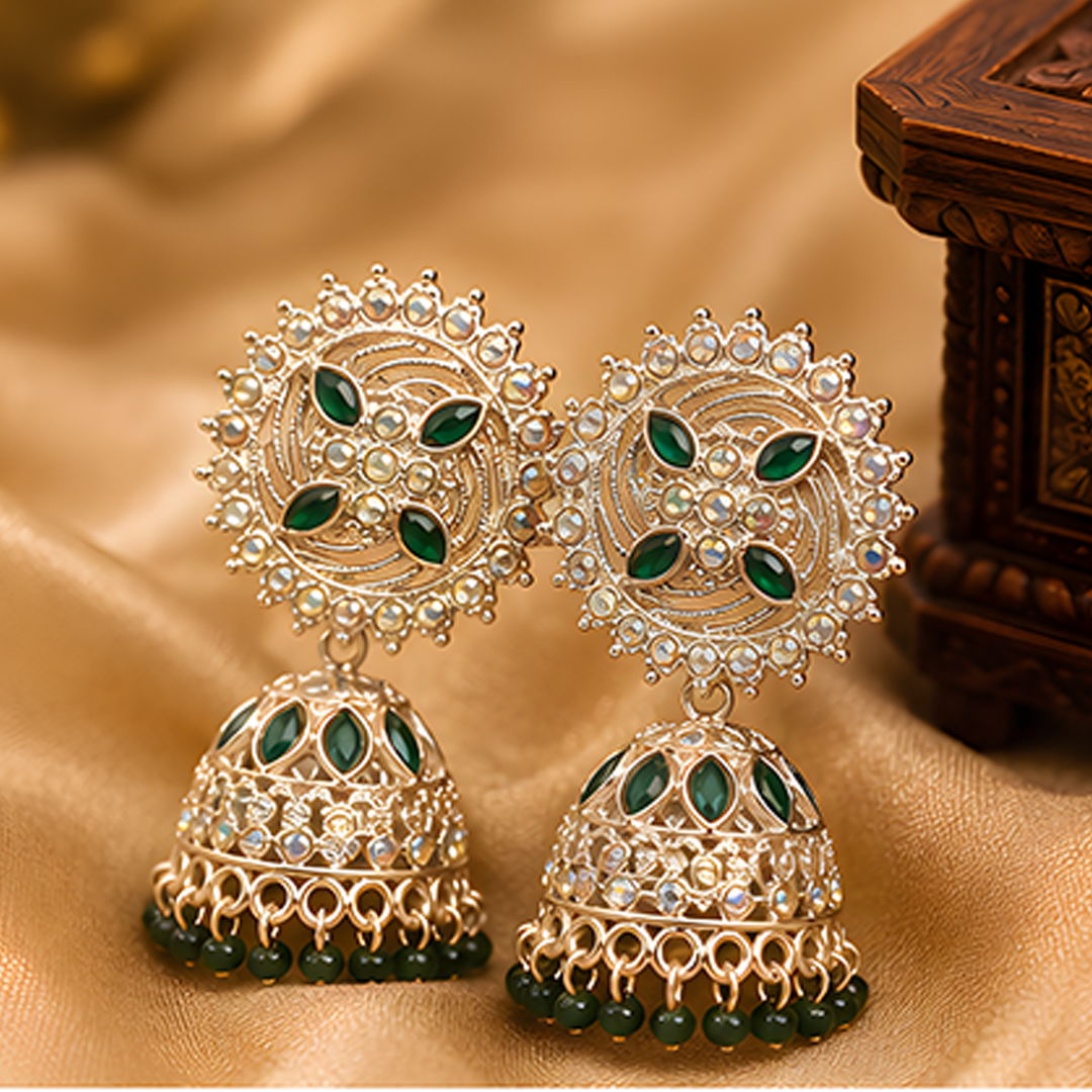 Royal Gold-Plated Green Stone Studded Sunburst Jhumka Earrings with Bead Drops