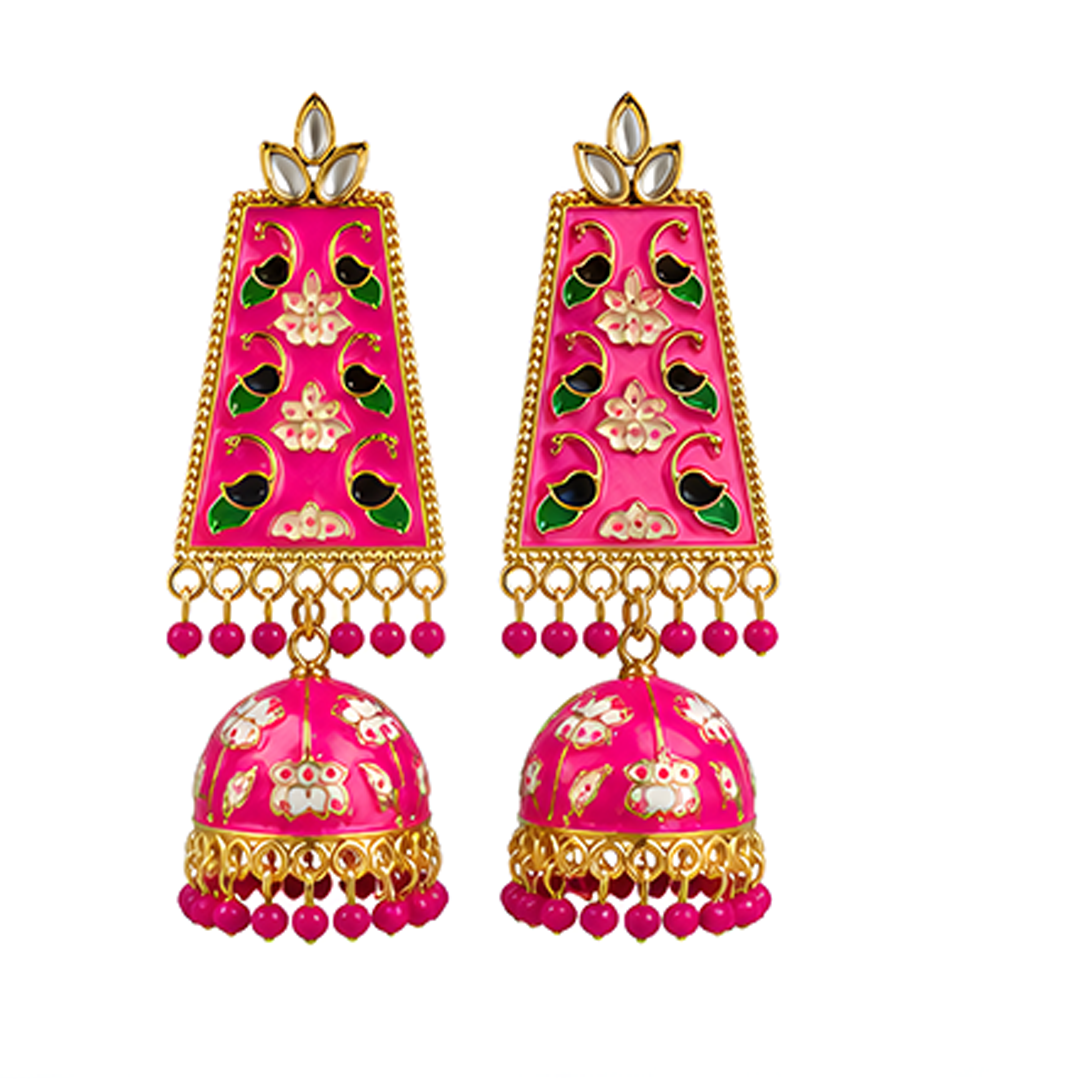 Vibrant Pink Meenakari & Floral Enamel Long Jhumka Earrings with Gold-Plated Finish