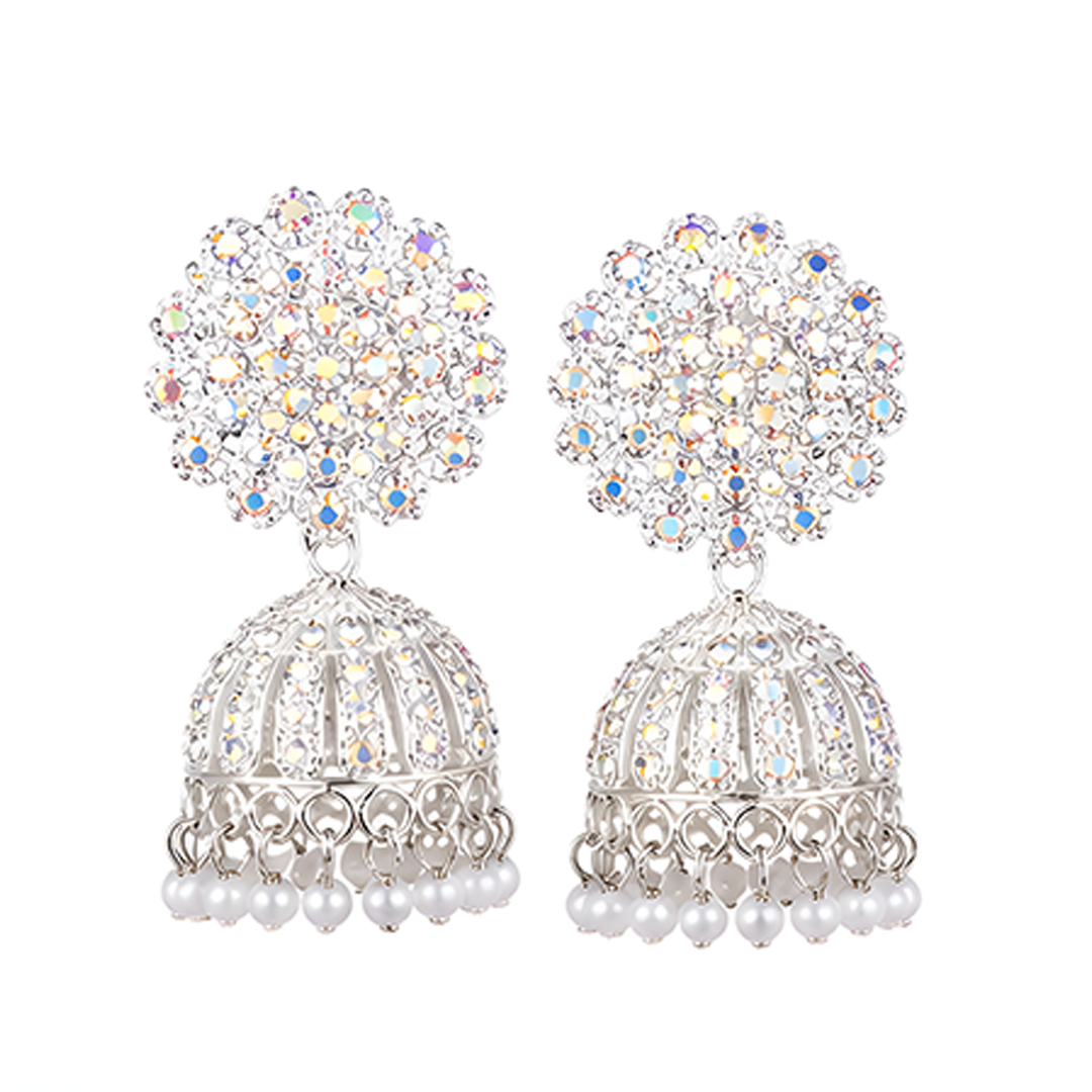 Radiant Silver-Plated Sparkling Crystal Floral Studded Jhumka Earrings with Pearl Hangings