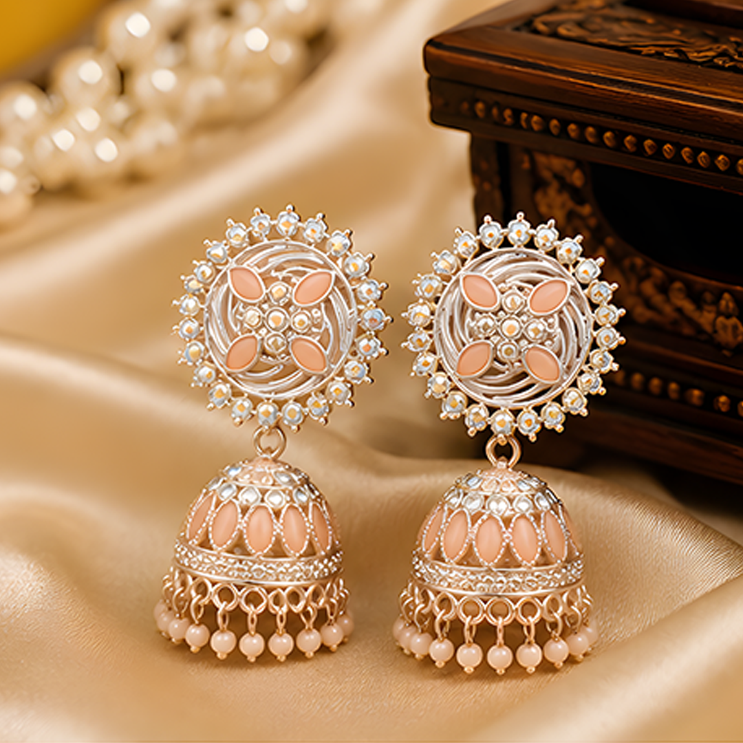 Elegant Pastel Peach Stone Studded Sunburst Jhumka Earrings with Matching Bead Drops