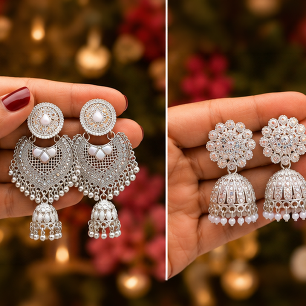 Combo of 2: Silver-Plated Filigree Chandbali Jhumka & Radiant Crystal-Studded Jhumka Earrings