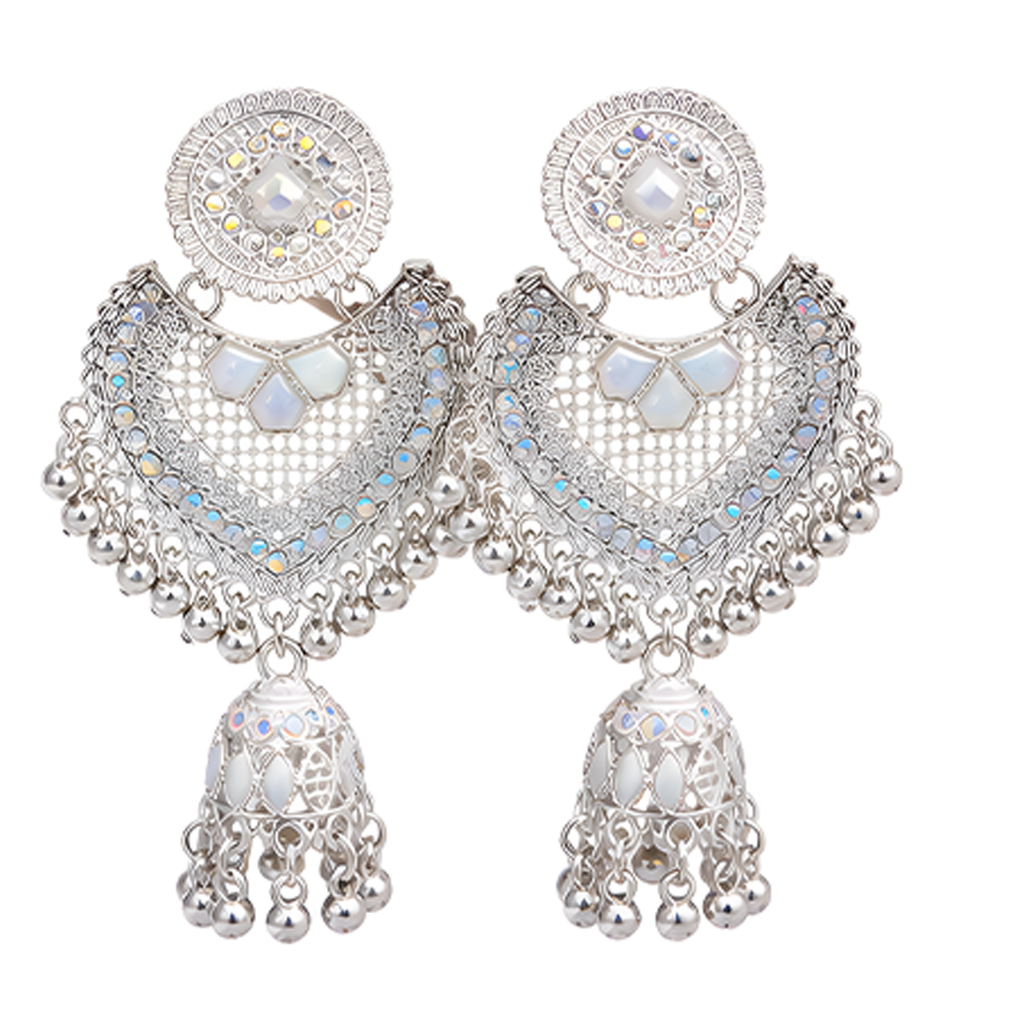 Royal Silver-Plated Meenakari & Stone Studded Chandbali Jhumka Earrings