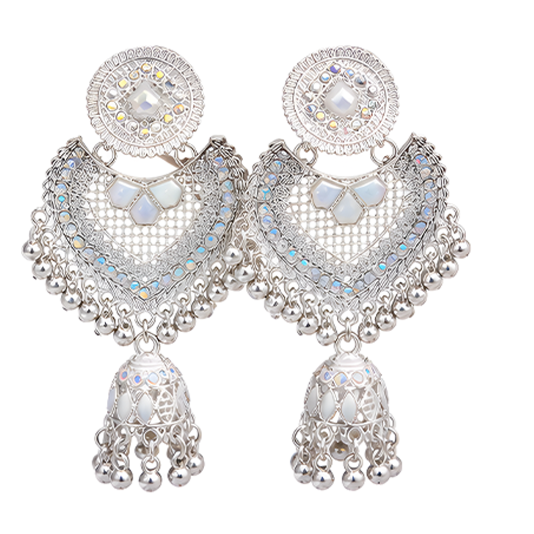 Royal Silver-Plated Meenakari & Stone Studded Chandbali Jhumka Earrings