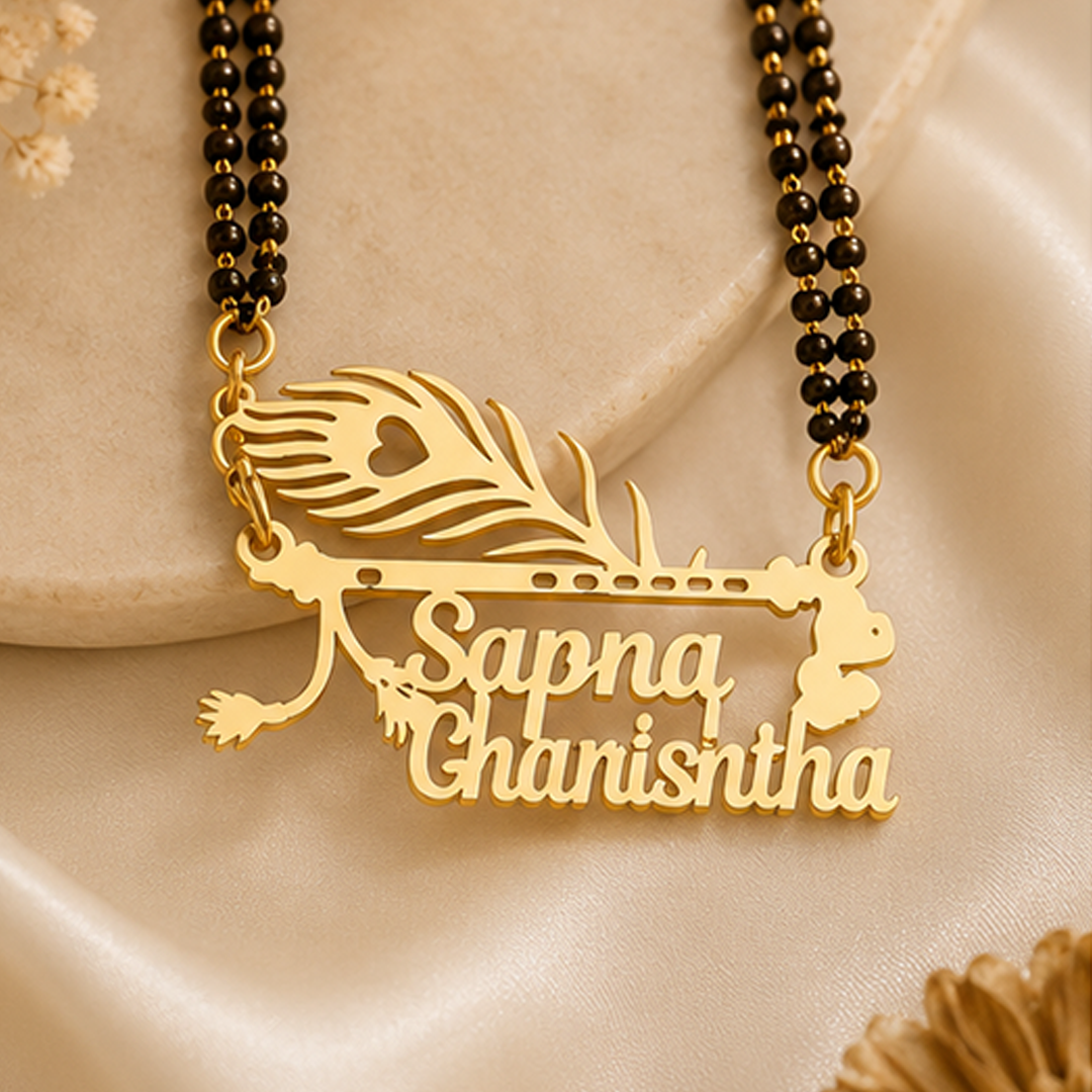 Customized Flute & Peacock Feather Couple Name Gold Mangalsutra