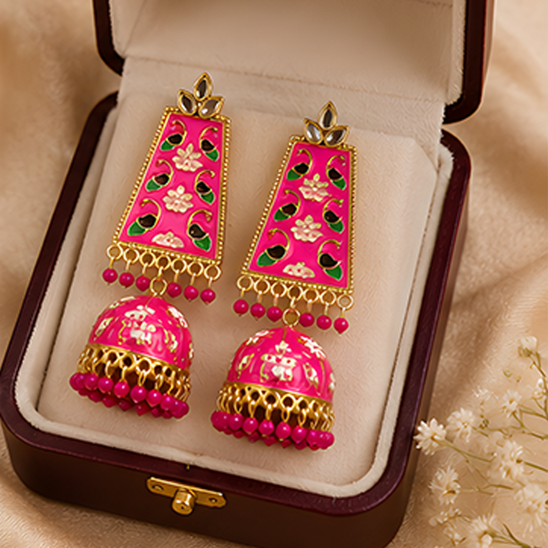 Vibrant Pink Meenakari & Floral Enamel Long Jhumka Earrings with Gold-Plated Finish