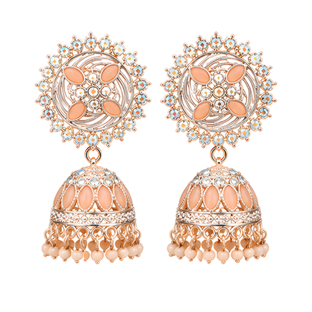 Elegant Pastel Peach Stone Studded Sunburst Jhumka Earrings with Matching Bead Drops