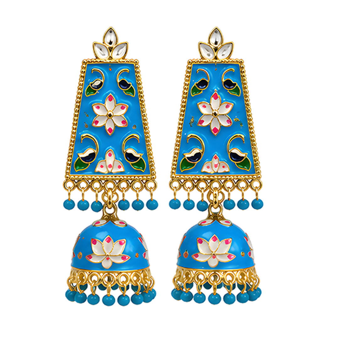 Vibrant Turquoise Blue Meenakari & Floral Enamel Long Jhumka Earrings with Gold-Plated Finish