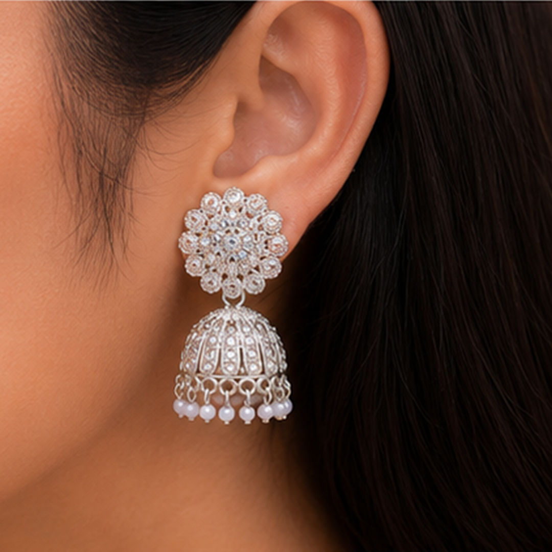 Combo of 2: Silver-Plated Filigree Chandbali Jhumka & Radiant Crystal-Studded Jhumka Earrings