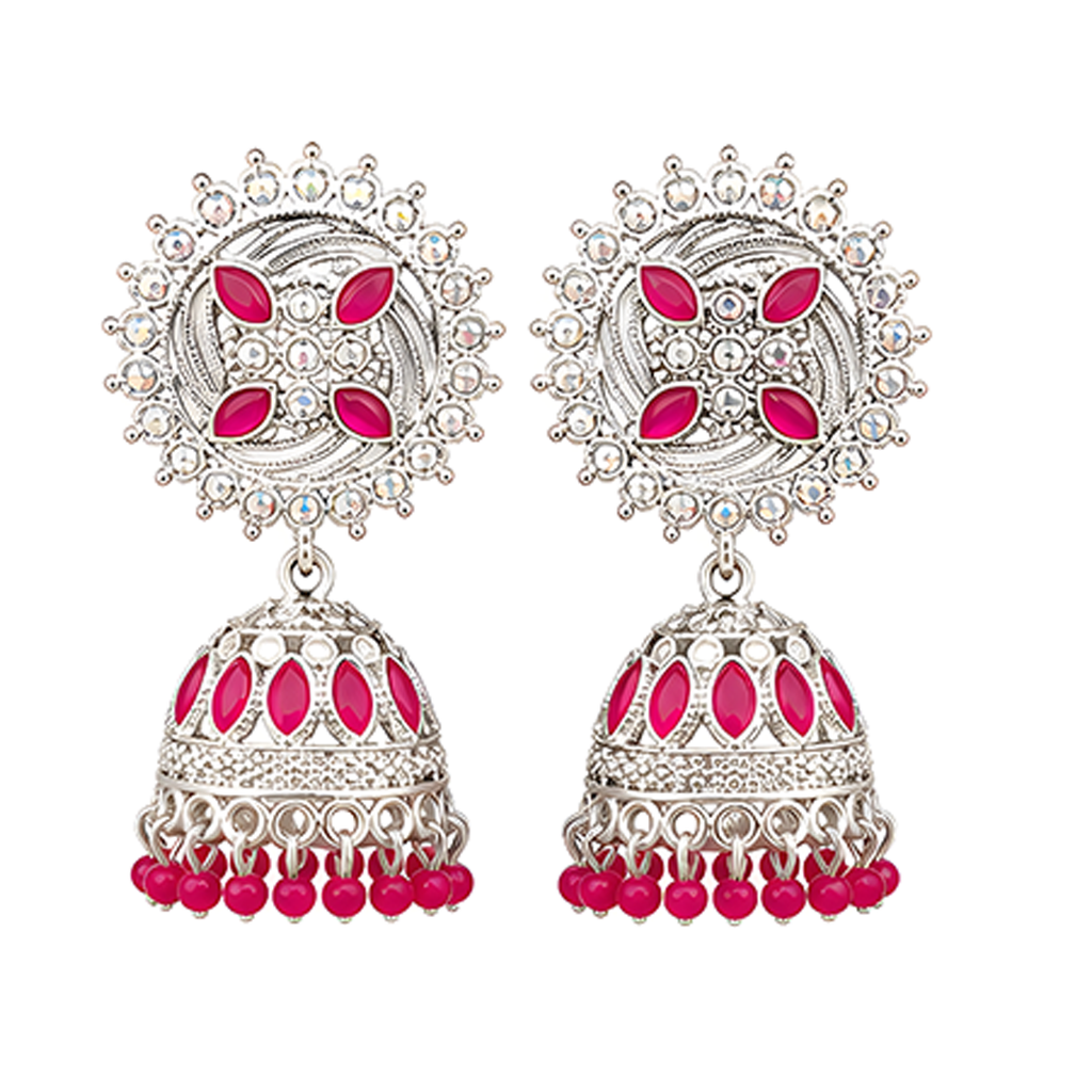 Oxidized Silver-Plated Pink Stone Studded Sunburst Jhumka Earrings with Bead Drops