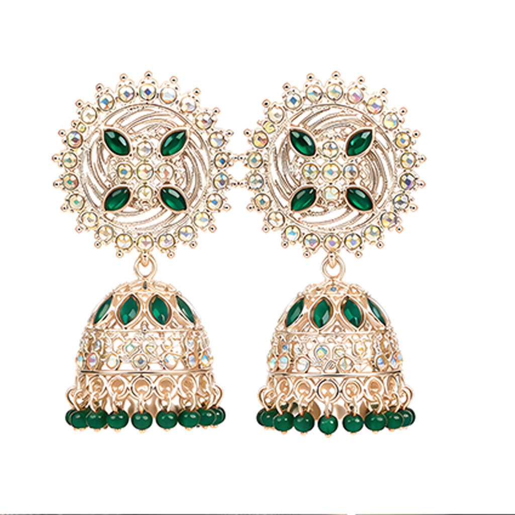Royal Gold-Plated Green Stone Studded Sunburst Jhumka Earrings with Bead Drops