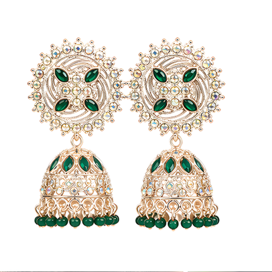 Royal Gold-Plated Green Stone Studded Sunburst Jhumka Earrings with Bead Drops