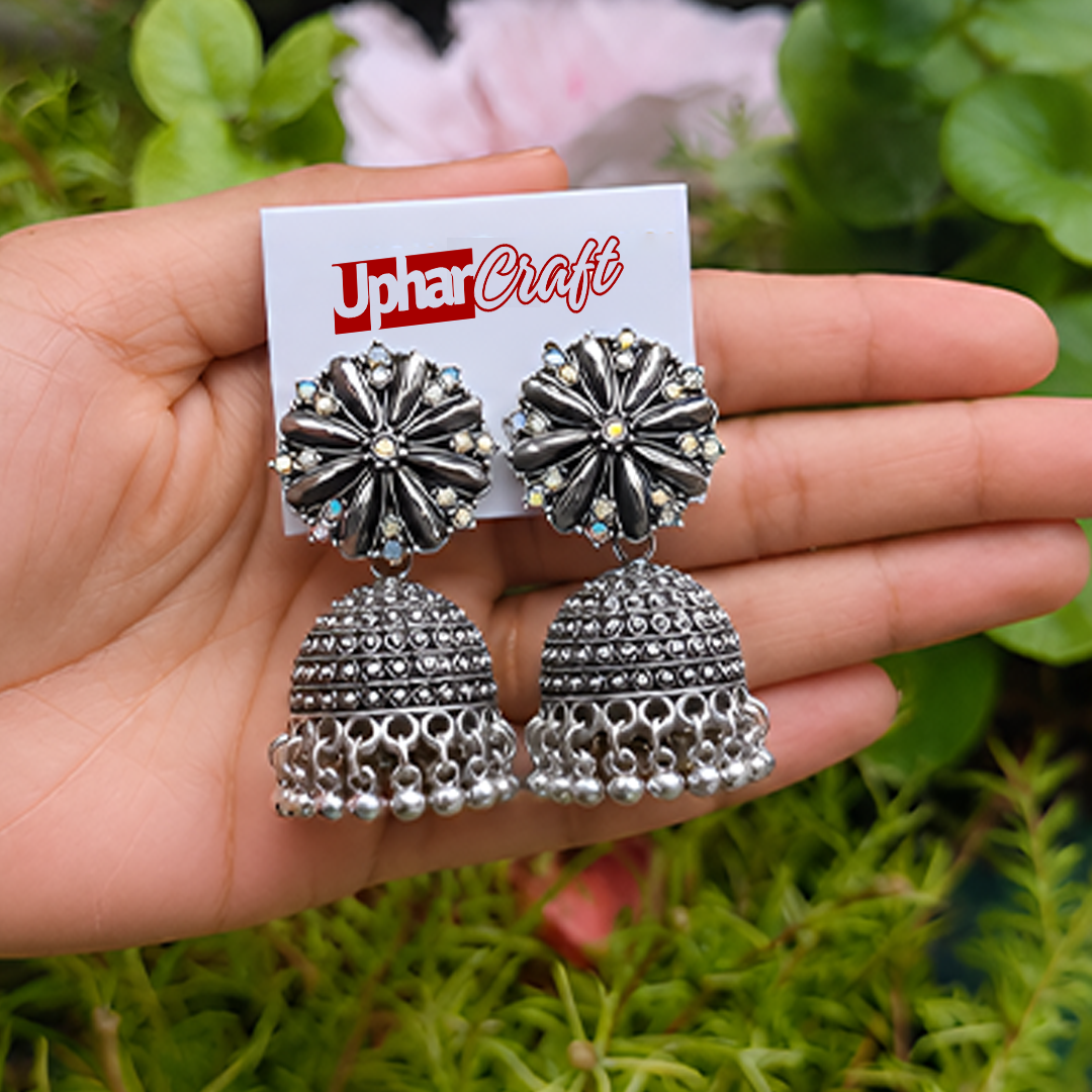 Oxidized Silver-Plated Floral Studded Traditional Jhumka Earrings