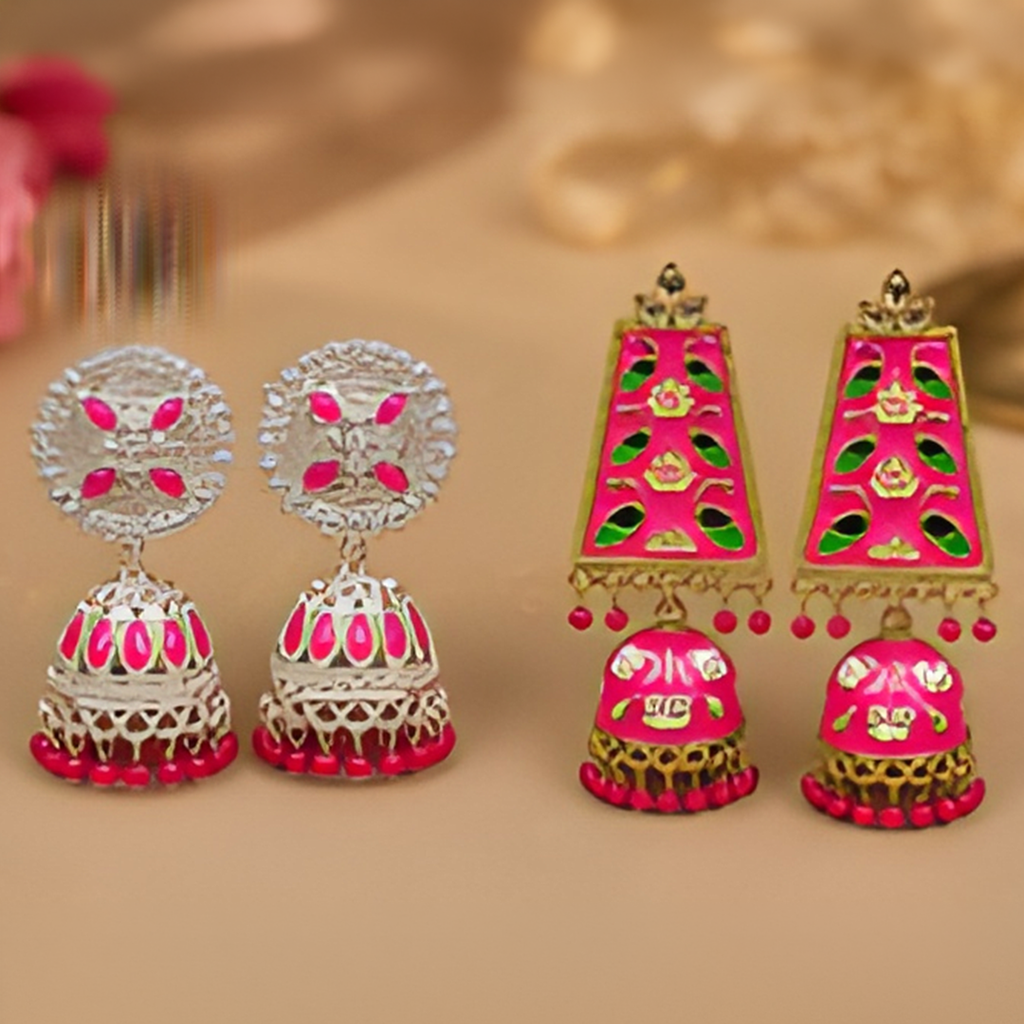 Combo of 2: Vibrant Pink Meenakari & Silver-Plated Pink Stone Studded Designer Jhumka Earrings