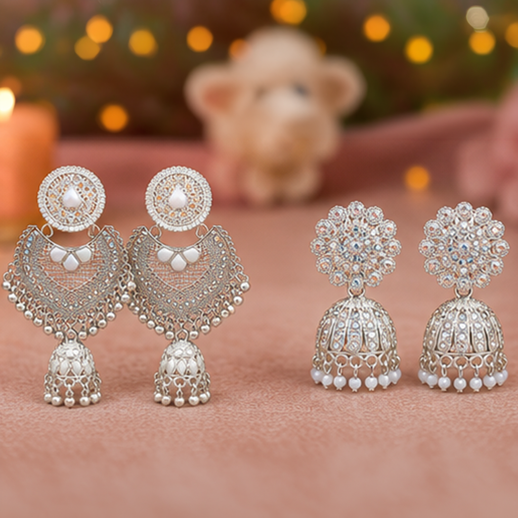 Combo of 2: Silver-Plated Filigree Chandbali Jhumka & Radiant Crystal-Studded Jhumka Earrings