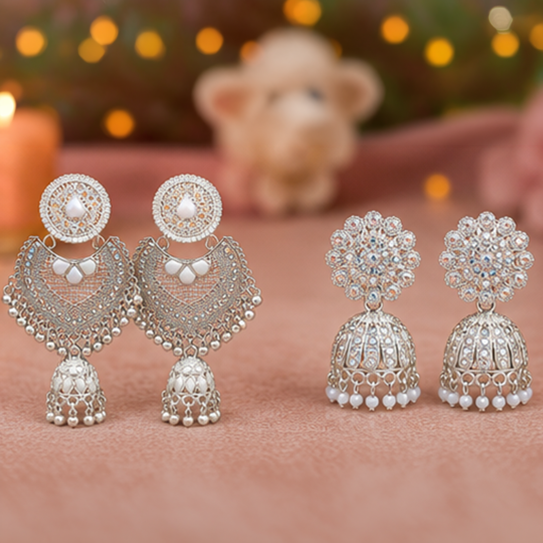 Combo of 2: Silver-Plated Filigree Chandbali Jhumka & Radiant Crystal-Studded Jhumka Earrings