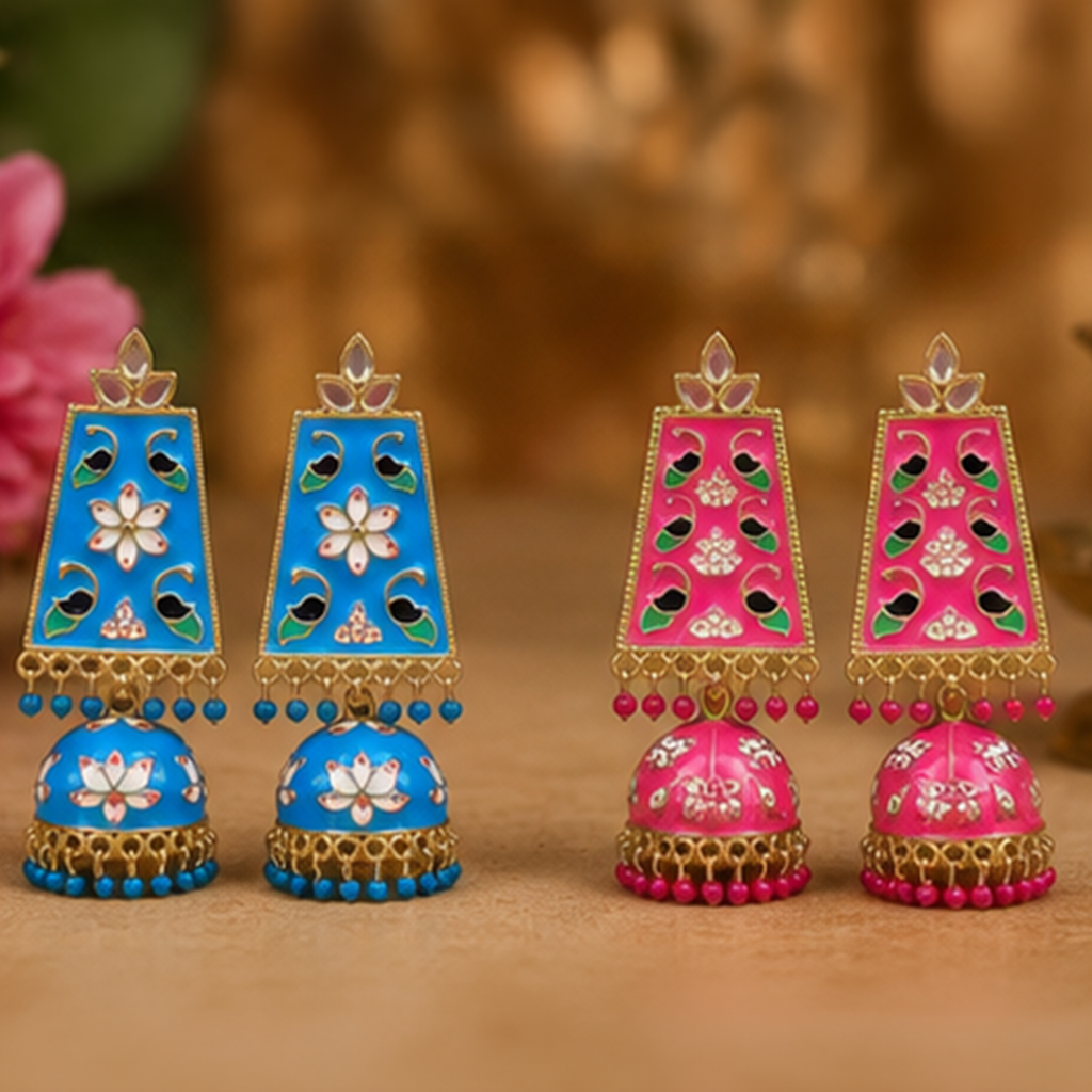 Combo of 2: Vibrant Turquoise Blue & Hot Pink Meenakari Enamel Long Jhumka Earrings