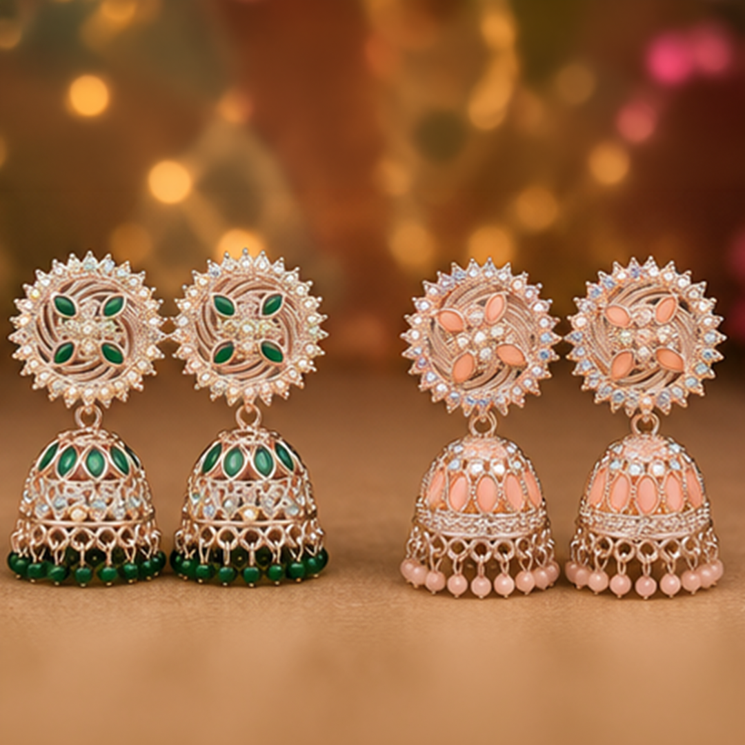 Combo of 2: Pastel Peach & Royal Green Stone Studded Designer Sunburst Jhumka Earrings