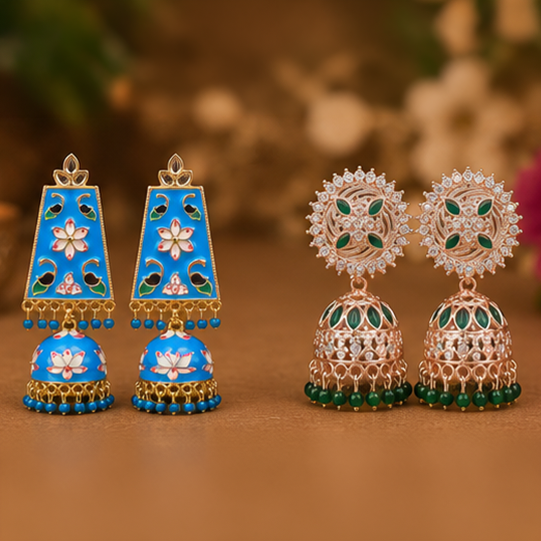 Combo of 2: Vibrant Turquoise Blue Meenakari & Royal Green Stone Studded Ethnic Jhumka Earrings
