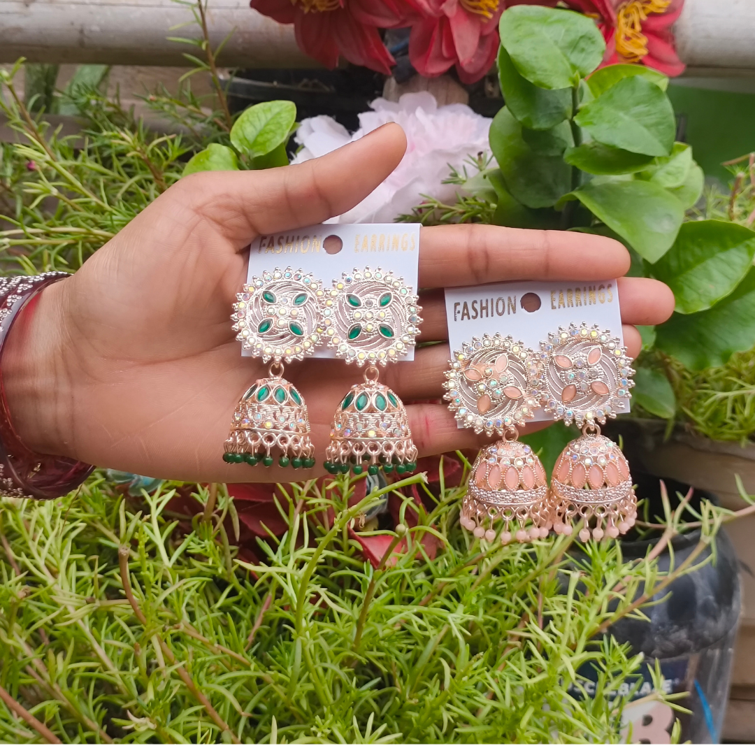 Combo of 2: Pastel Peach & Royal Green Stone Studded Designer Sunburst Jhumka Earrings