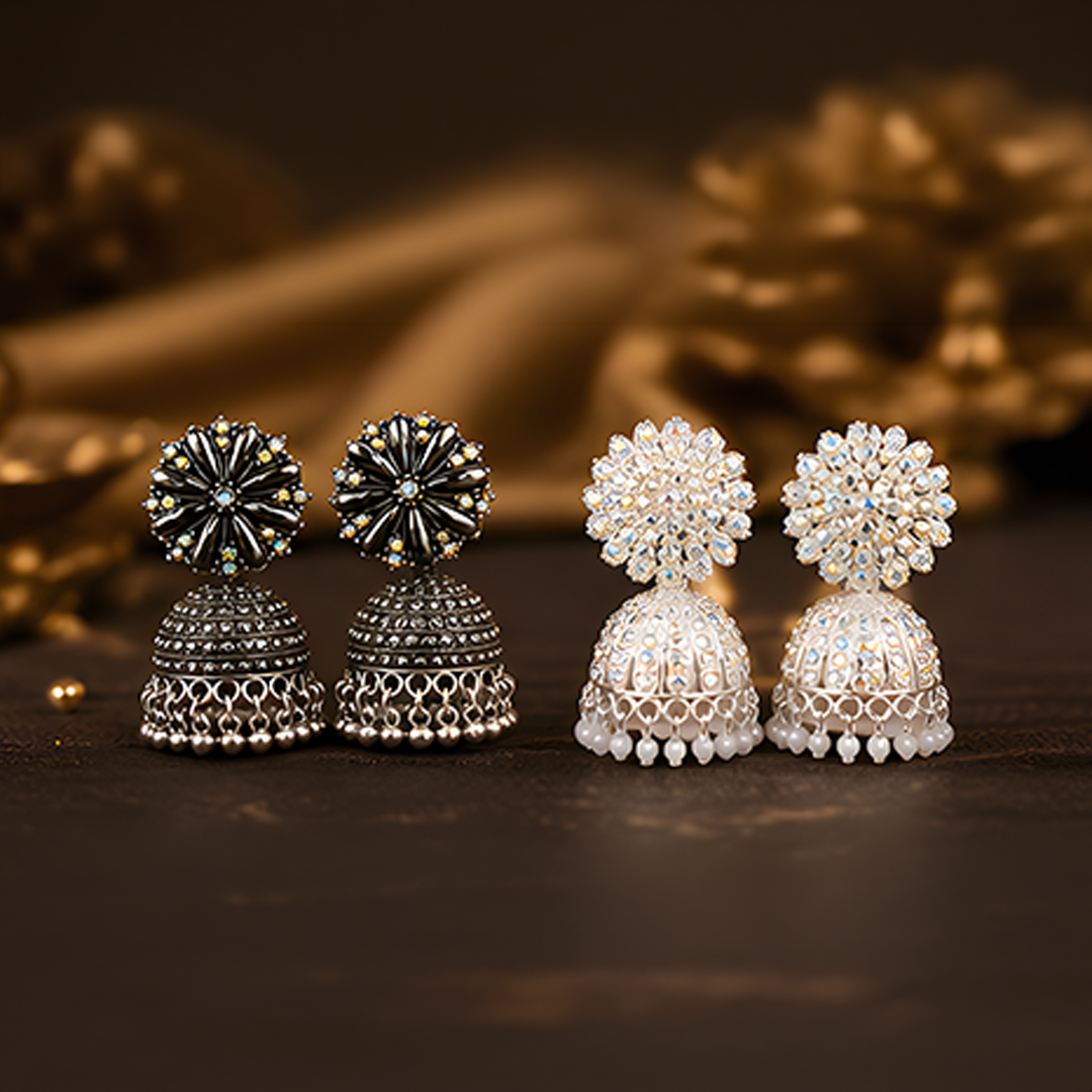 Combo of 2: Oxidized Black-Silver & Radiant Crystal Studded Traditional Jhumka Earrings