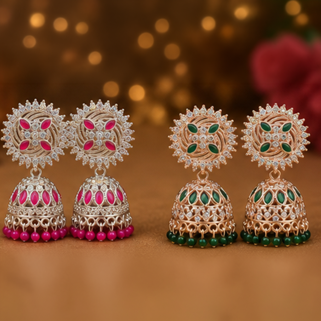 Combo of 2: Vibrant Pink & Royal Green Stone Studded Designer Sunburst Jhumka Earrings