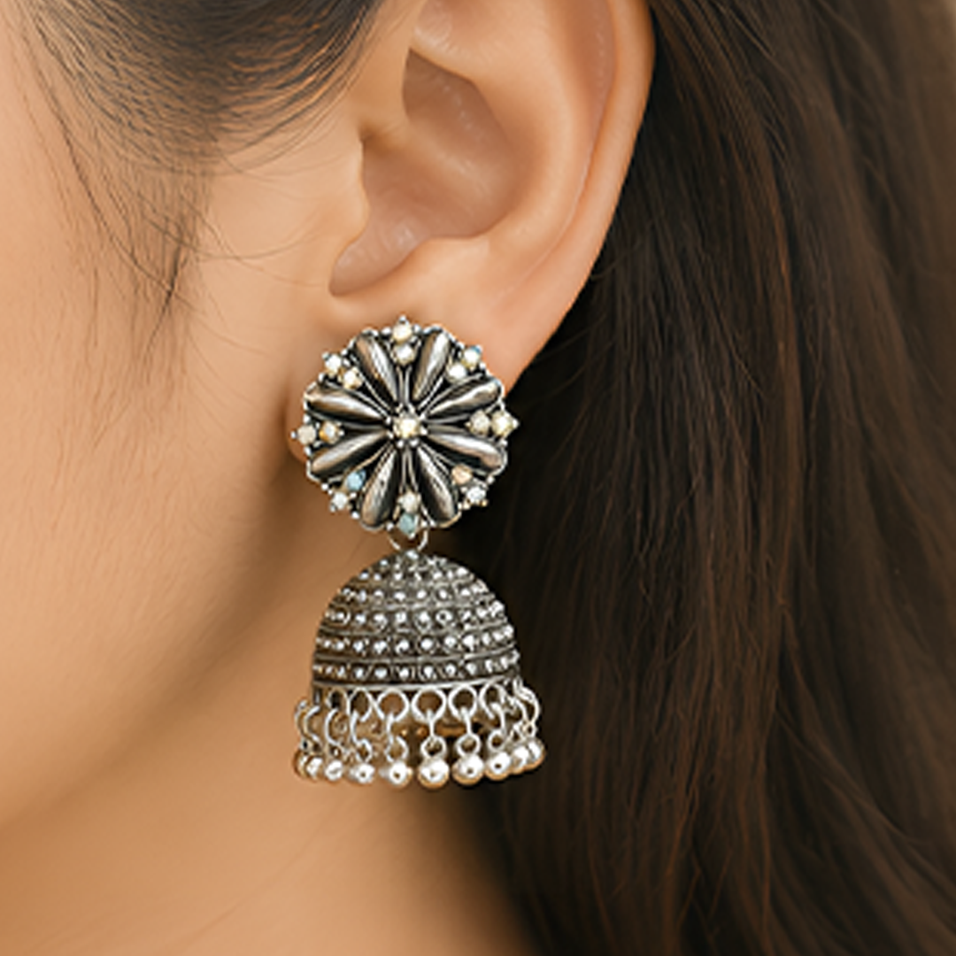 Oxidized Silver-Plated Floral Studded Traditional Jhumka Earrings