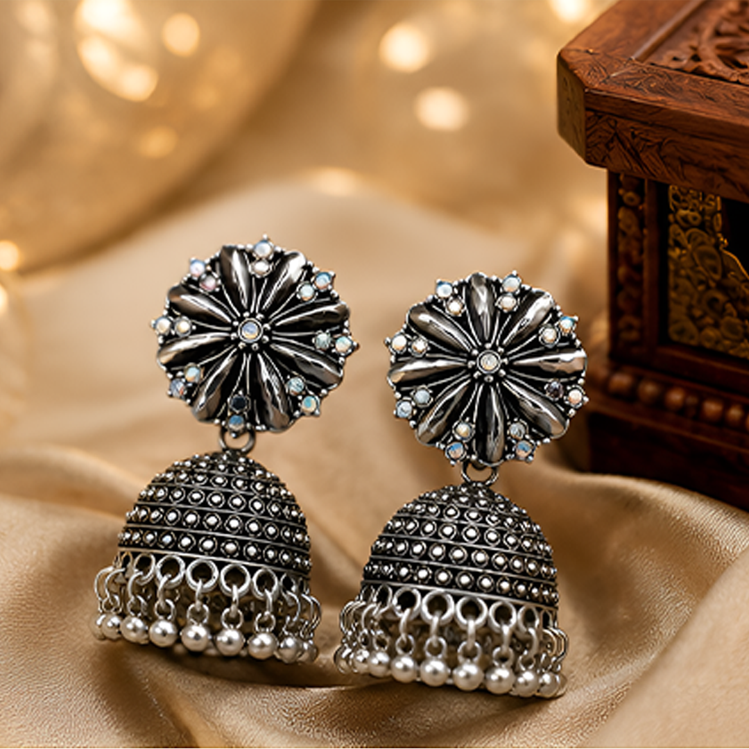 Oxidized Silver-Plated Floral Studded Traditional Jhumka Earrings