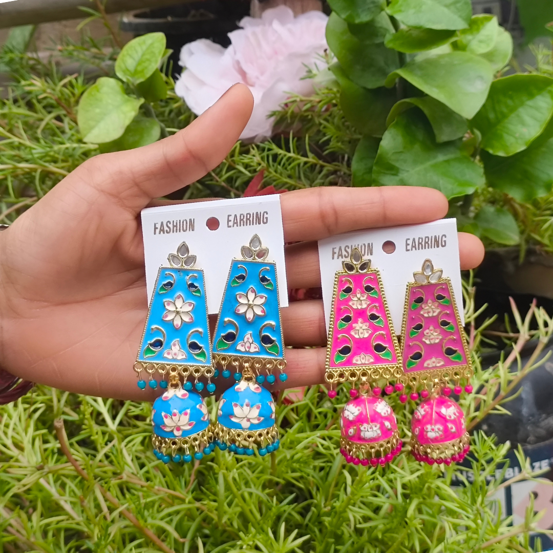Combo of 2: Vibrant Turquoise Blue & Hot Pink Meenakari Enamel Long Jhumka Earrings