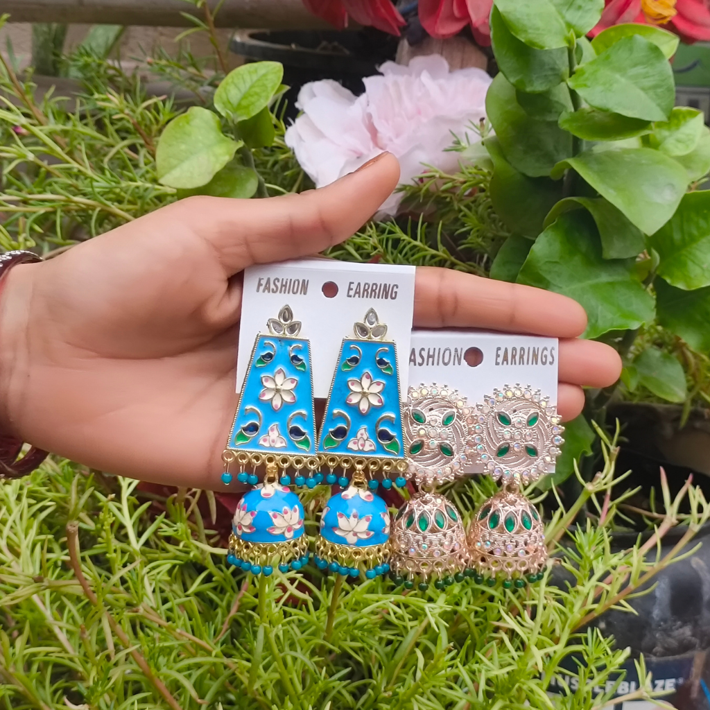 Combo of 2: Vibrant Turquoise Blue Meenakari & Royal Green Stone Studded Ethnic Jhumka Earrings