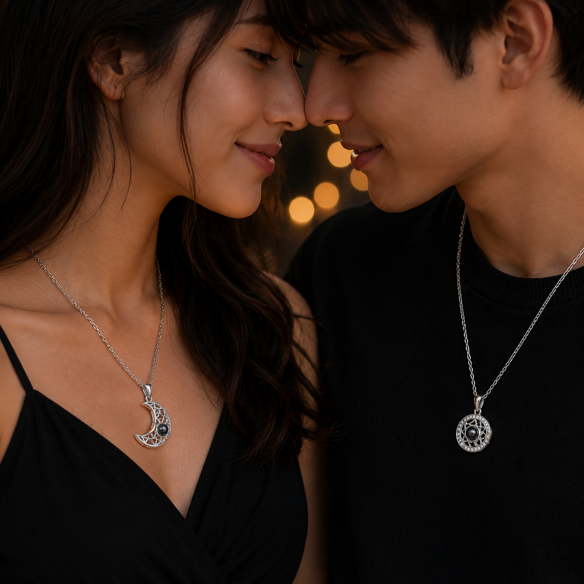Pack of 2 Sun Moon Projection Pendant Chain Set | Couple Gift Jewelry