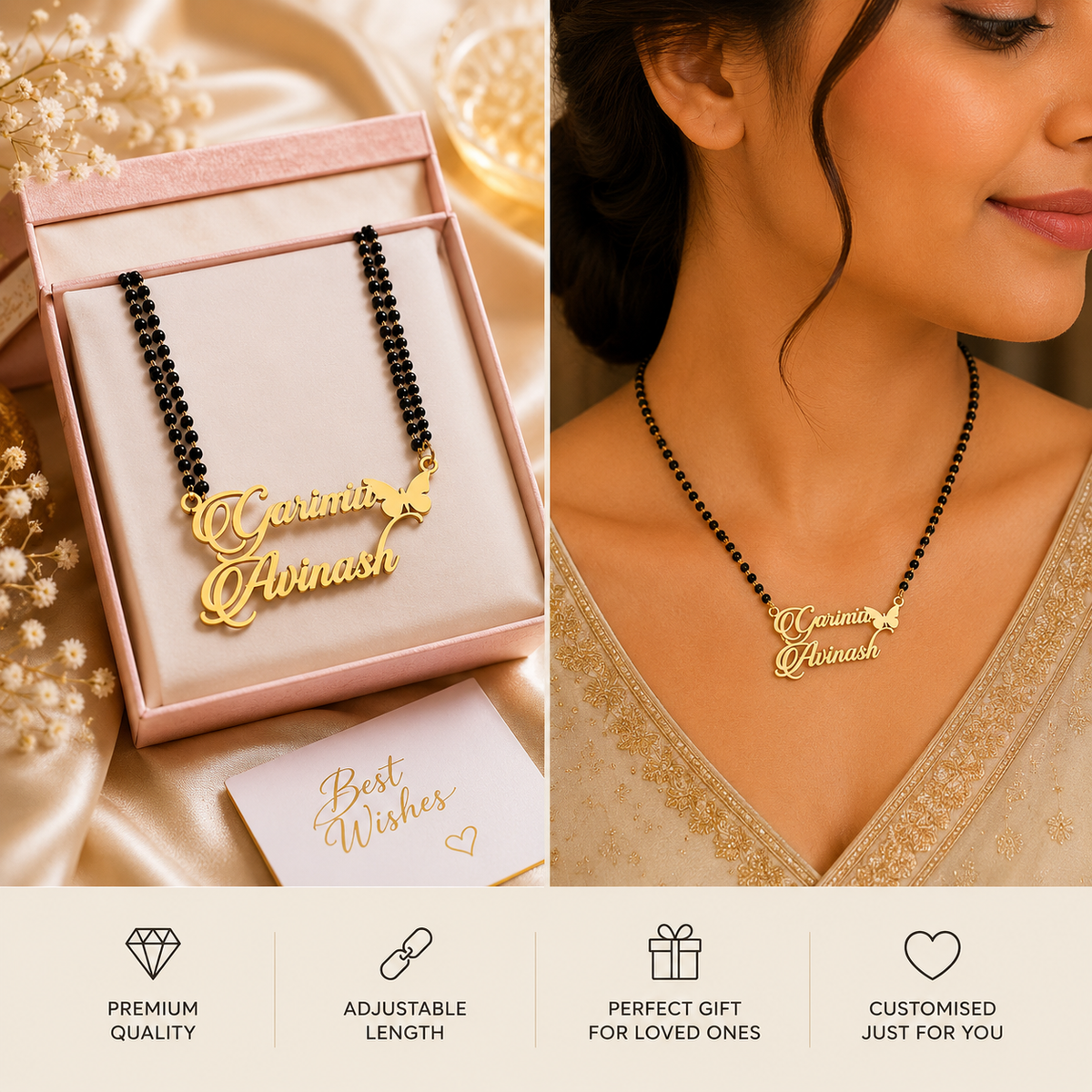 Customized Butterfly Double Name Gold Mangalsutra Gift Box