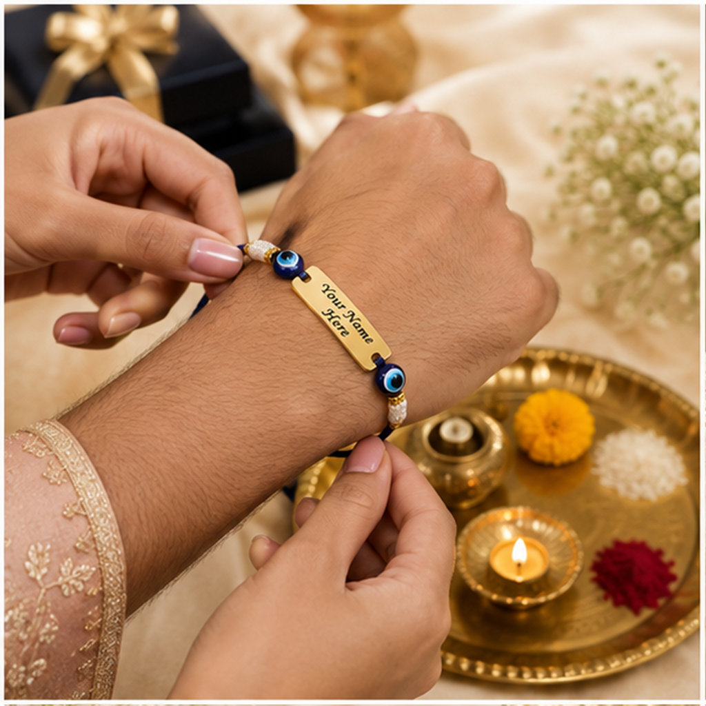Pack of 4 Customized Evil Eye Name Rakhi for Brother | Brass Metal Combo