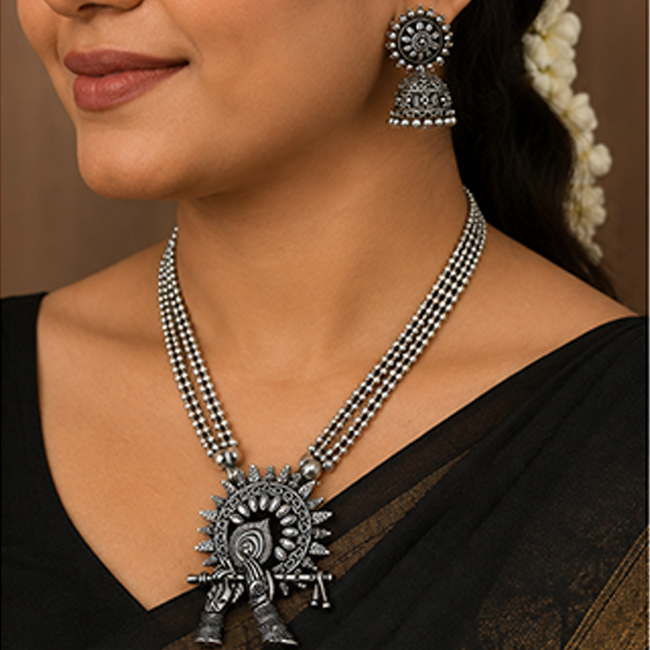 Pack of 1 Silver Oxidized Krishna Flute Necklace Set | Jhumka & Nose Pin