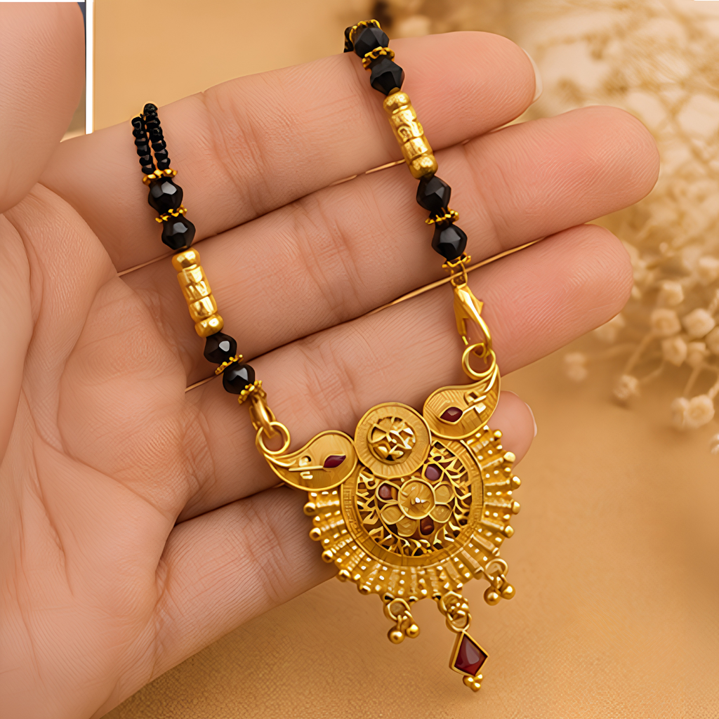 Traditional Gold-Plated Designer Mangalsutra with Black Beads & Red Stone Accents