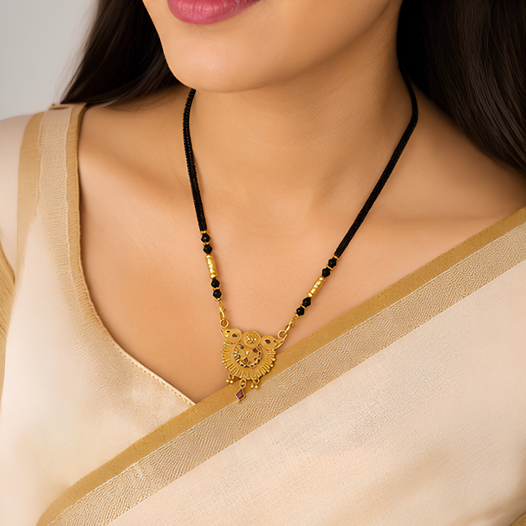 Traditional Gold-Plated Designer Mangalsutra with Black Beads & Red Stone Accents